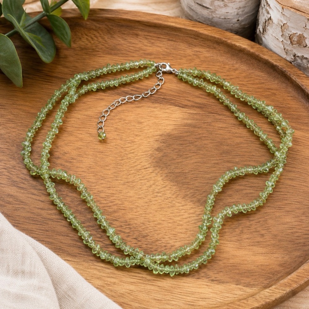 Vintage Green Glass Chip Bead Necklace 18” + Extender Artisan Boho
